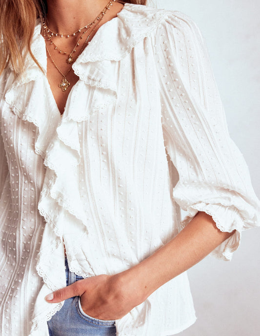 Eliza Ruffle V-Neck Blouse-White