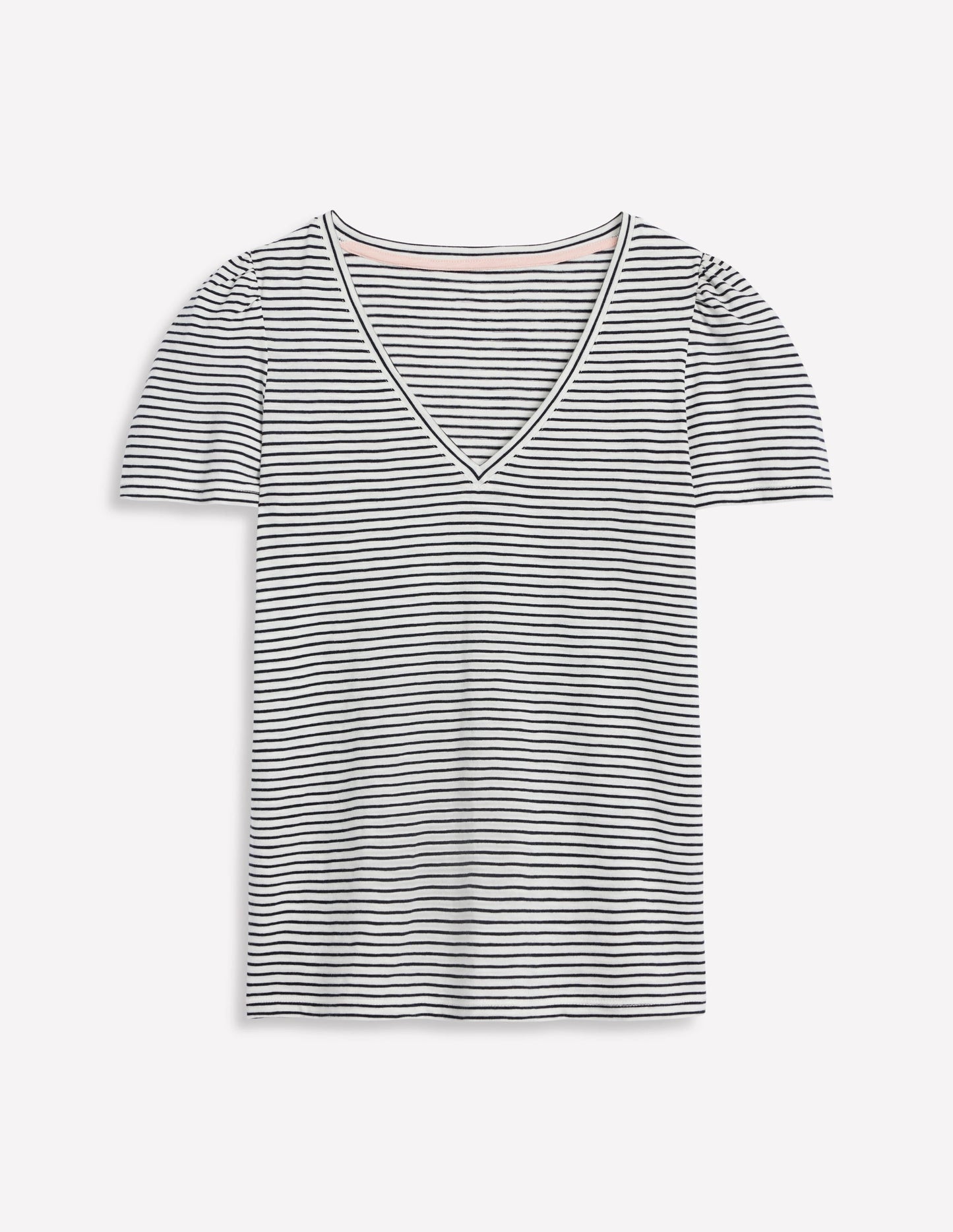 Sophie V-neck Slub T-shirt-Ivory, Navy Stripe