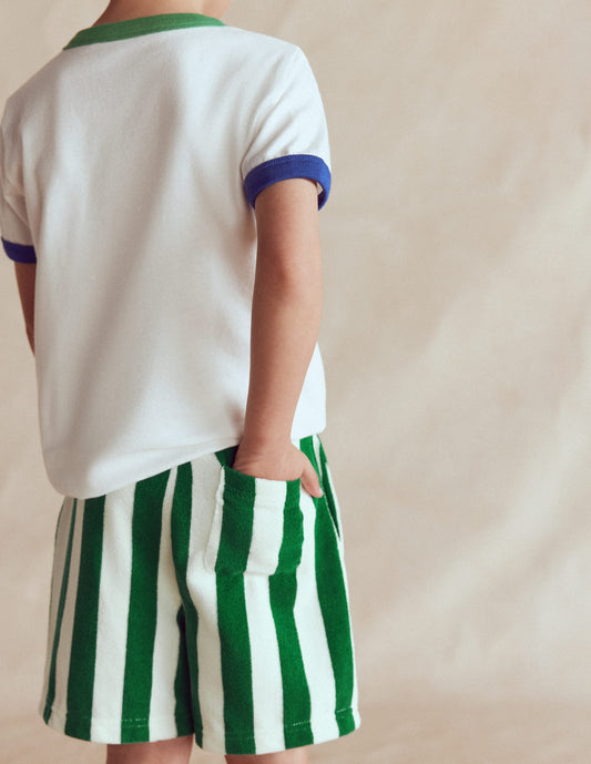 Towelling Shorts-Green and Ivory Stripe