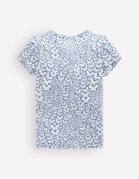 Short Sleeve Pointelle Top-Serenity Blue Butterflies