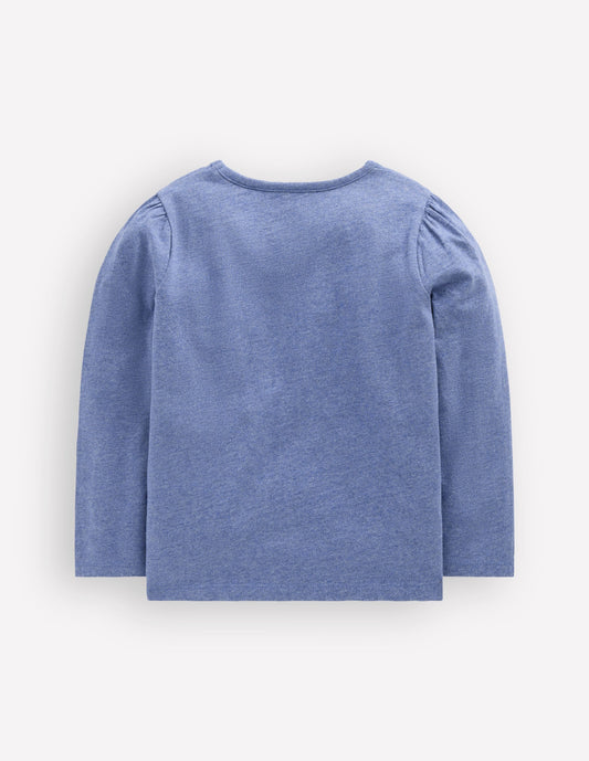 Puff Sleeve Appliqué T-shirt-Blue Marl Patchwork Heart