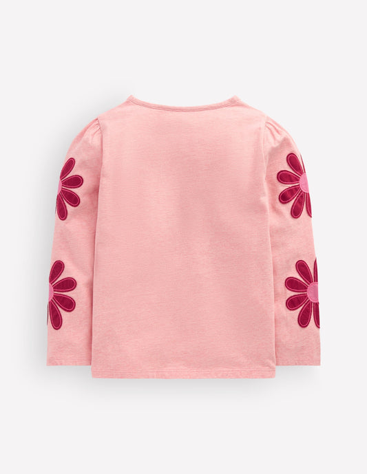 Puff Sleeve Appliqué T-shirt-Pink Marl Flowers