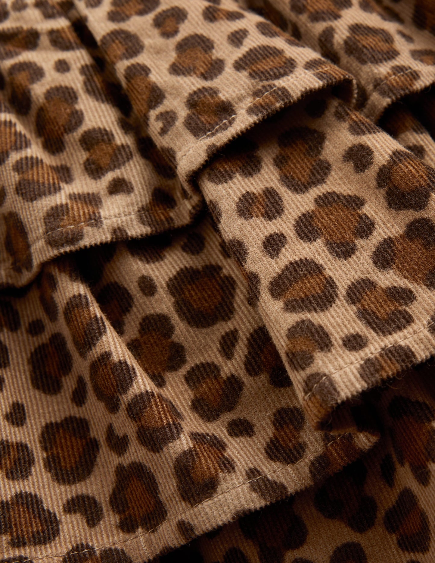 Smocked Waist Ruffle Skirt-Brown Leopard Cord