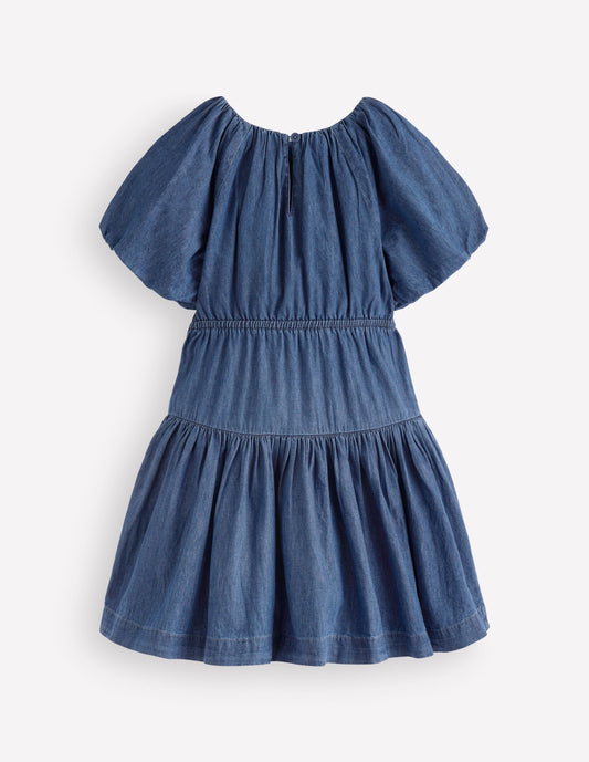 Bow Waist Woven Dress-Mid Vintage Denim