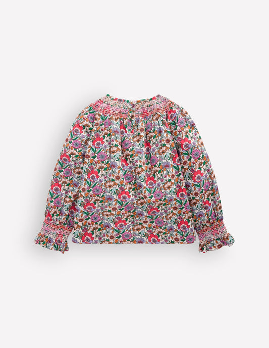 Smocked Printed Blouse-Soft Cream Floral Field