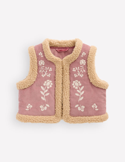 Borg Trim Gilet-Pink Floral Embroidery