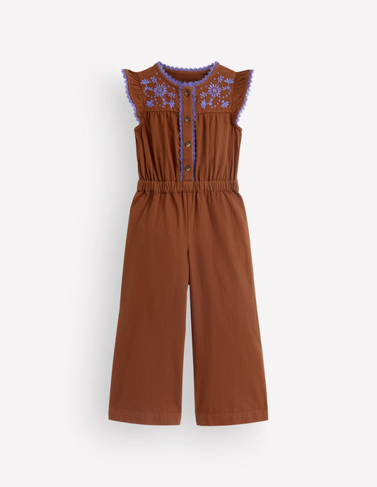 Flutter Sleeve Denim Jumpsuit-Brown Embroidery