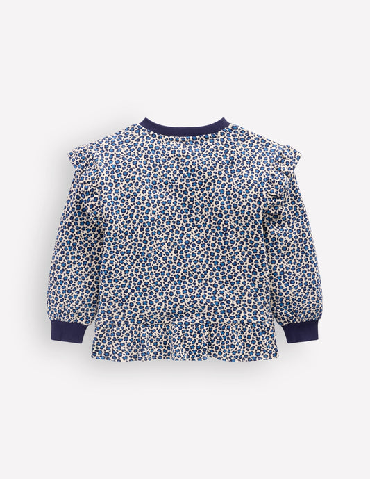 Pretty Frill Sweatshirt-Calico White/ Blue Leopard