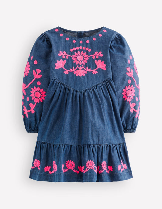Celia Wing Sleeve Dress-Denim Pink Embroidery