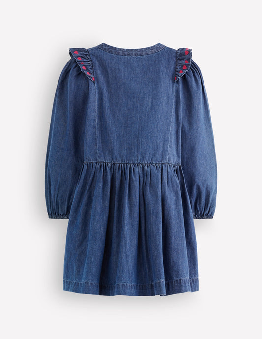 Winnie Frill Trim Shirt Dress-Denim Heart Embroidery