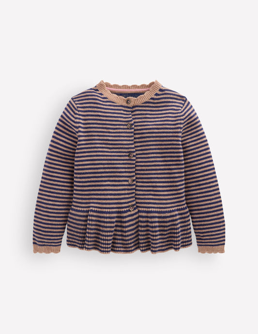 Pretty Peplum Cardigan-Camel/ College Navy Stripe