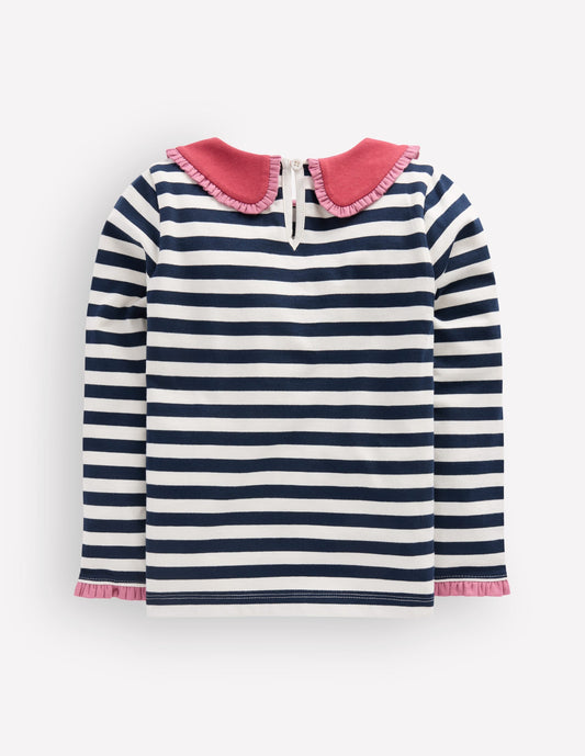 Collared Breton Jersey Top-Ivory and Navy Stripe