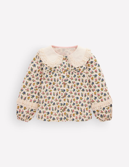 Broderie Collar Jersey Top-Vanilla White Floral