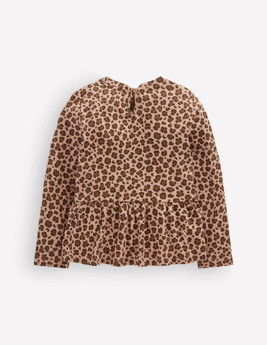 Long Sleeve Peplum Top-Brown Leopard