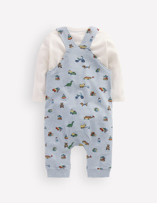 Jersey Dungarees Set-Blue Marl Playroom Print