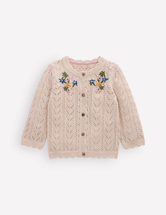 Embroidered Cotton Cardigan-Ecru Marl Mini Embroidered