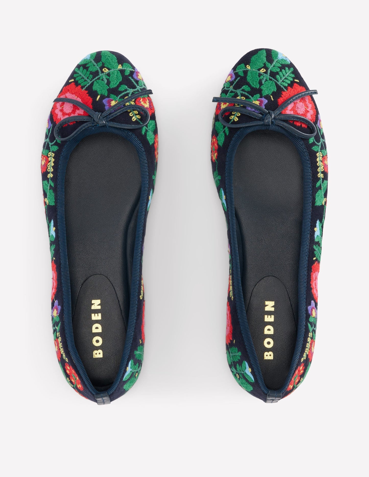 Patti Round Toe Ballet Flats-Navy Embroidered