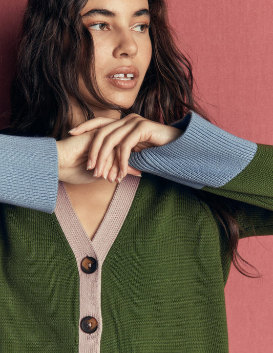 Lucy Relaxed Cotton Cardigan-Forest Green Colour Block
