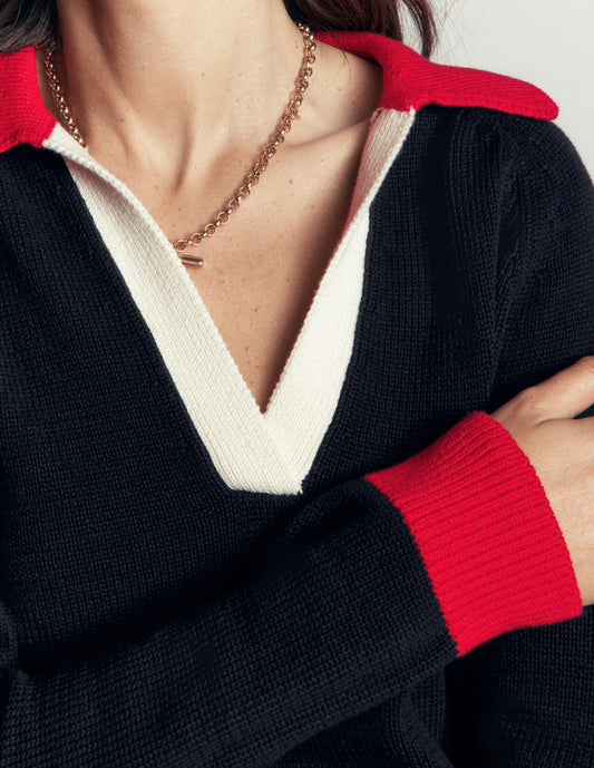 Lucy Cotton Henley Jumper-Navy Colourblock