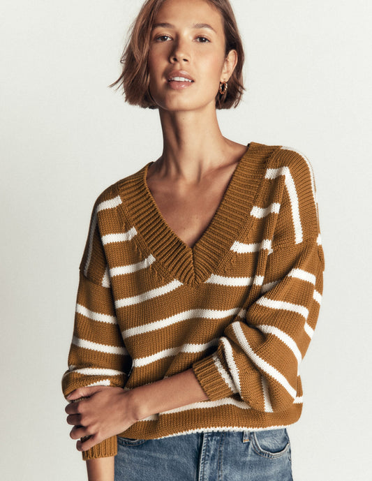 Lucy Cotton V-neck Jumper-Gingerbread, Ivory