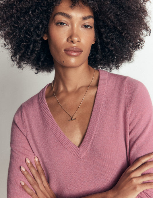 Elsie Cashmere V Neck Jumper-Pink Heather