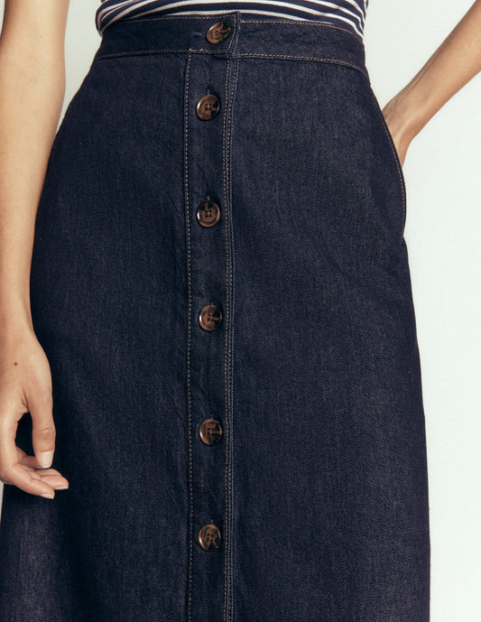 Val Button Denim Midi Skirt-Indigo