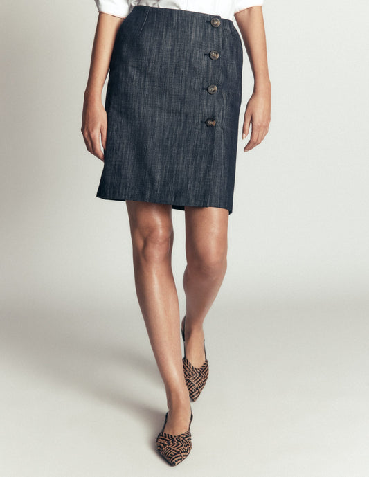Evelyn Twill Button Wrap Skirt-Indigo Twill