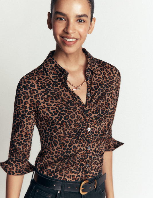Supersoft Ruched Jersey Shirt-Camel, Leopard Fields