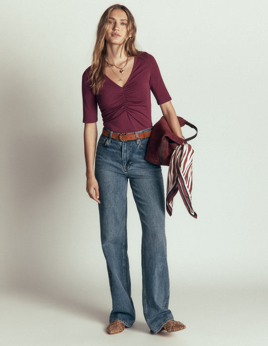 Tia Ruched V-neck Top-Deep Wisteria
