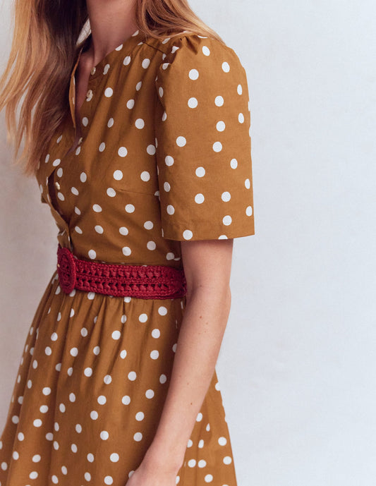 Ivy Button Cotton Midi Dress-Brown Painted Dot Spaced