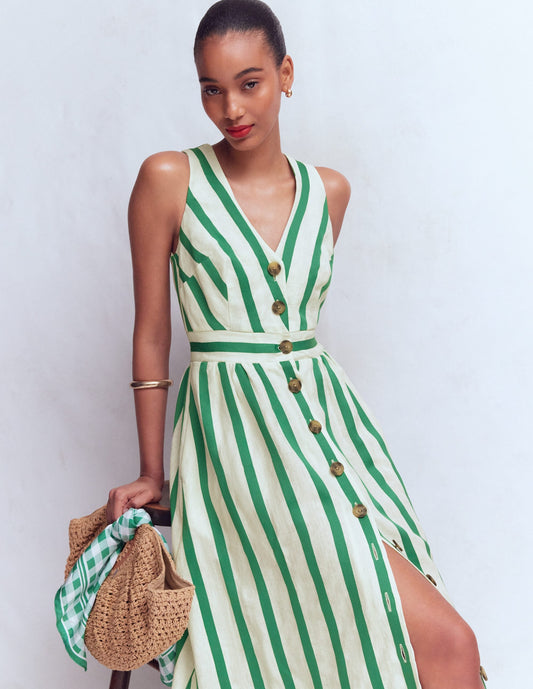 Catherine Button Linen Dress-Ivory and Green Satin Stripe