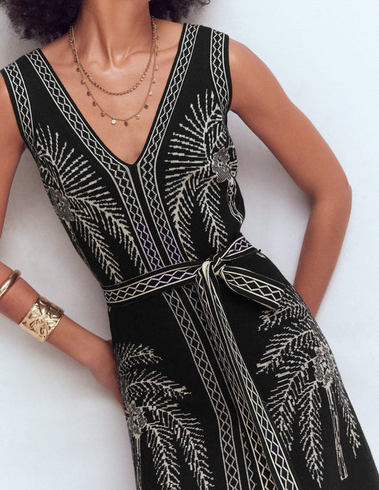 V Neck Jacquard Dress-Palm Jacquard