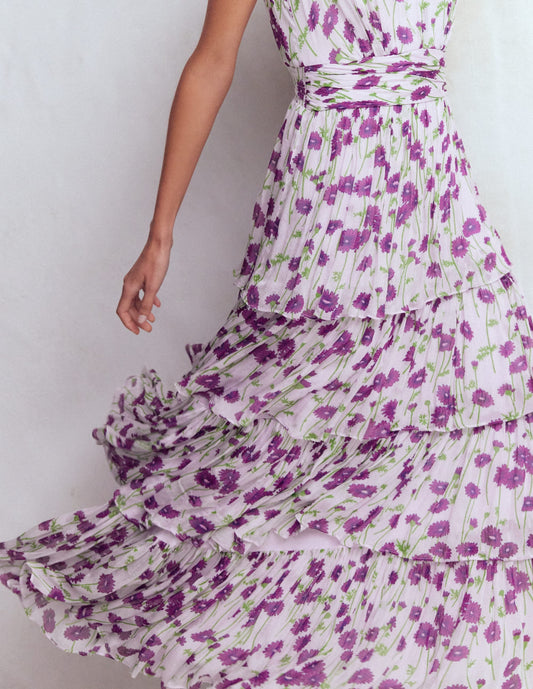 Tiered Sleeveless Dress-Purple Daisy Stems