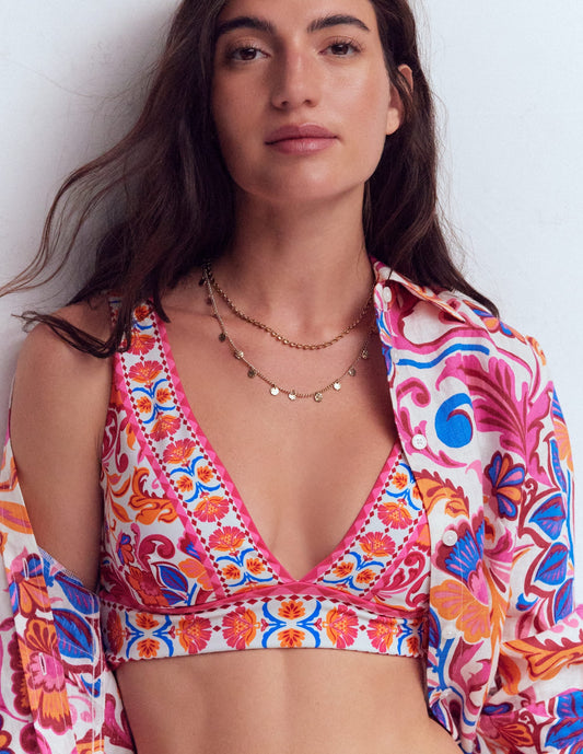 Porto V-neck Bikini Top-Pink Power, Flourishing Meadow