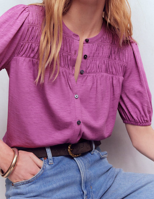 Mya Short Sleeve Smocked Shirt-Clover Purple