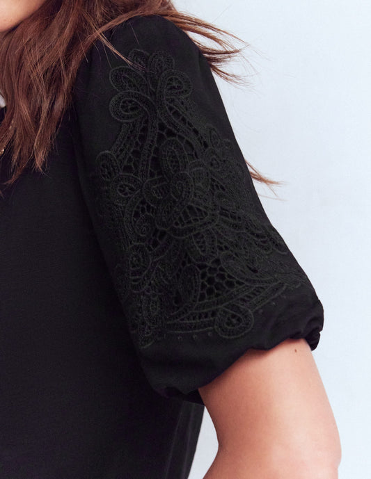 Cutwork Detail Jersey Top-Black