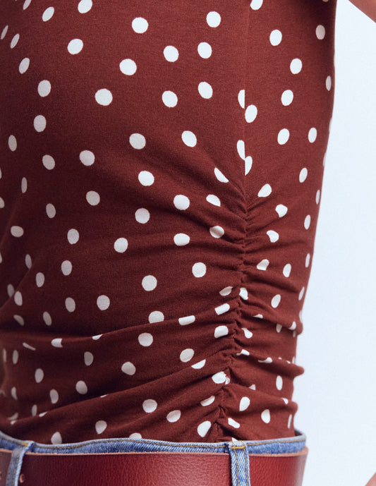 Tia Sleeveless Ruch Jersey Top-Bitter Chocolate & Ivory Spot
