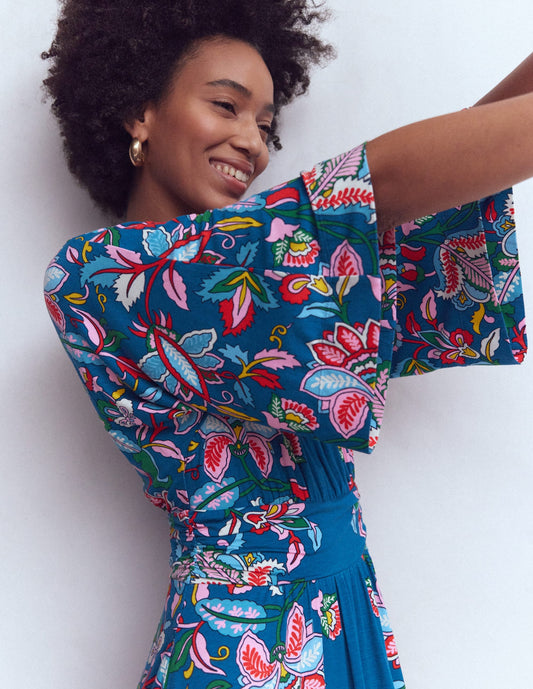 Imelda Kimono Jersey Dress-Blue, Botanical Trail