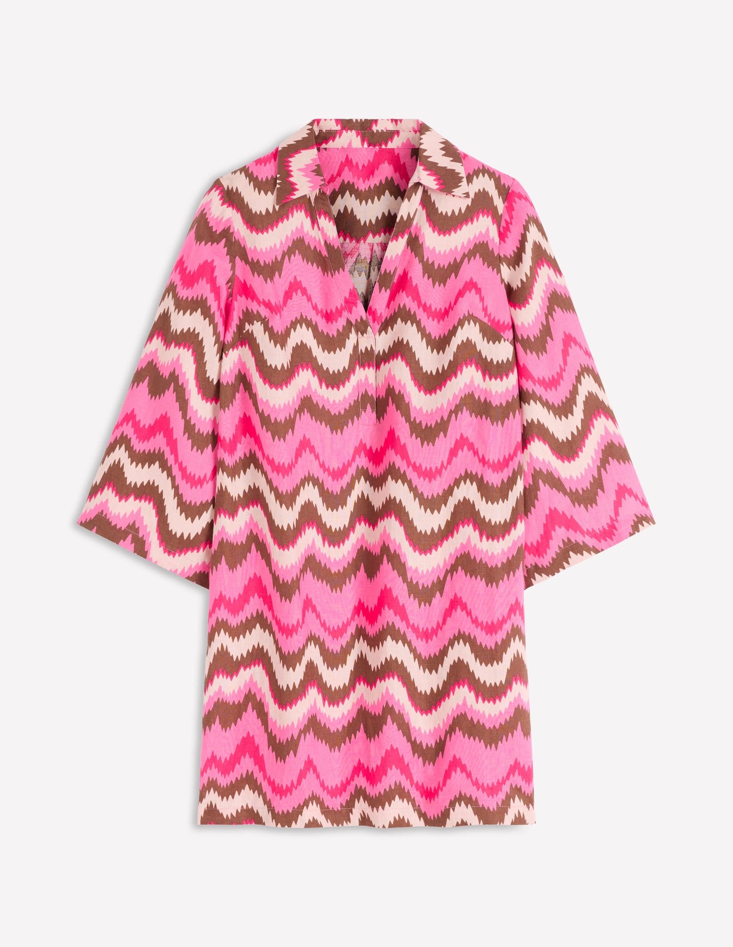 Carmen Linen Short Dress-Pink, Zig Zag Wave