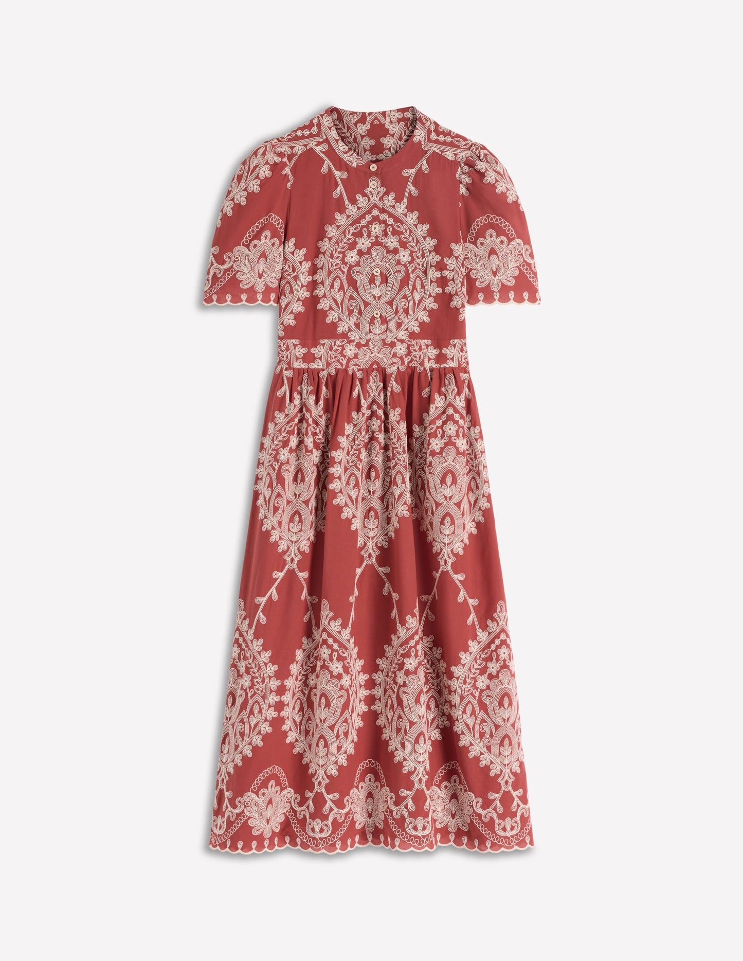 Ivy Button Cotton Midi Dress-Rust Embroidery