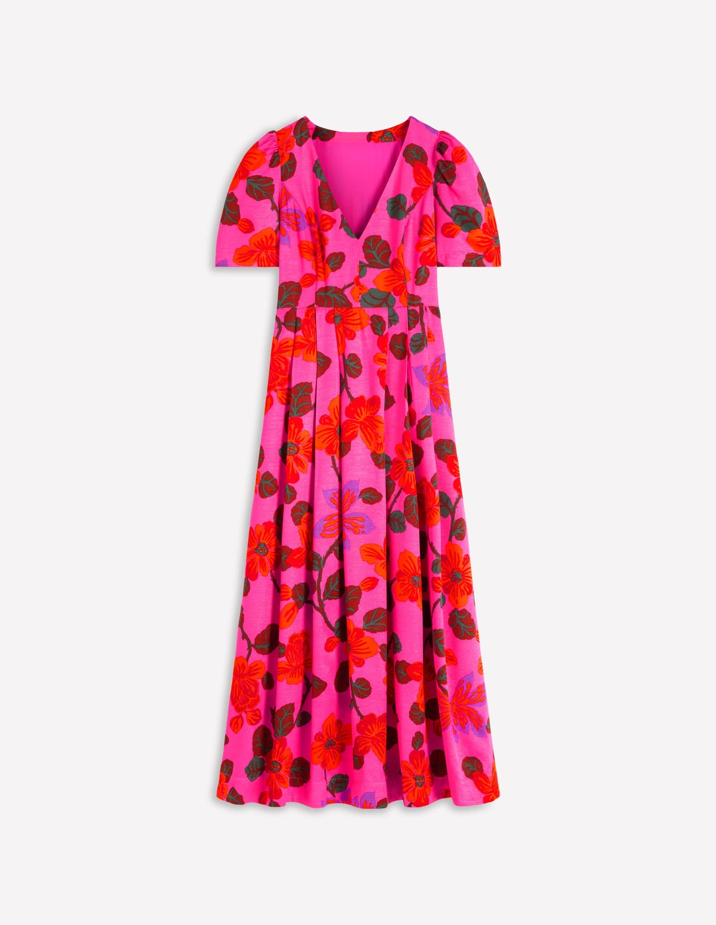 Pleat V-neck Dress-Pink, Elaborate Blossom