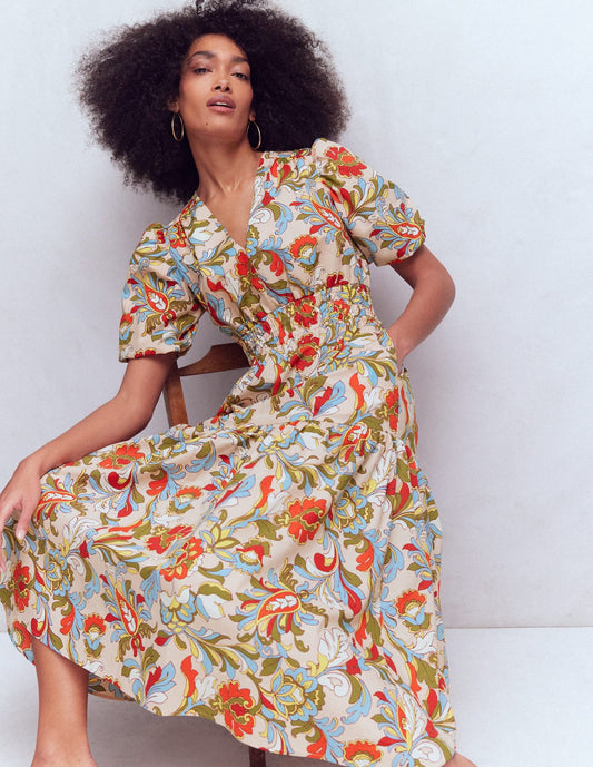 Irene Puff Sleeve Cotton Dress-Multi, Botanical Flourish