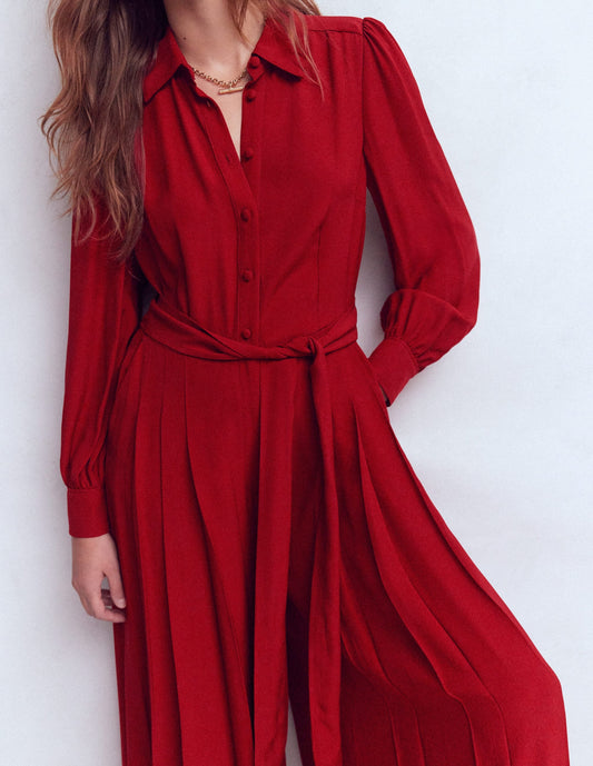 Button Up Palazzo Jumpsuit-Red