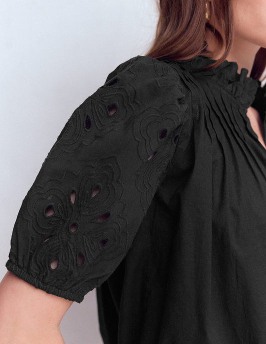 Cutwork Puff Sleeve Top-Black