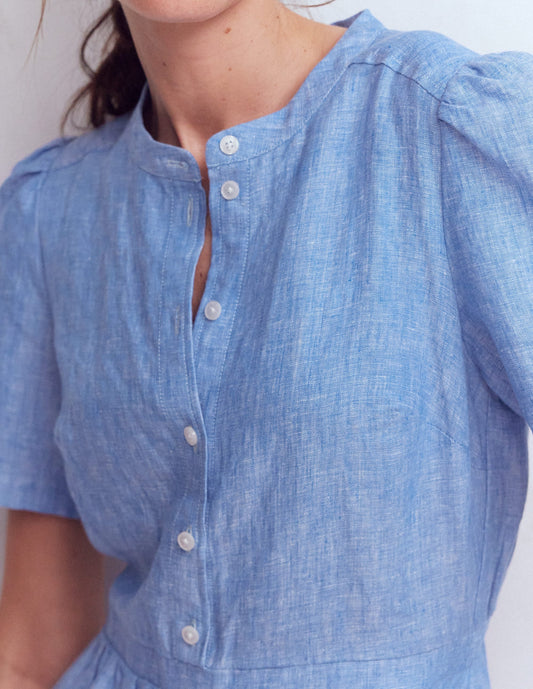Ivy Button Linen Midi Dress-Summer Blue Chambray