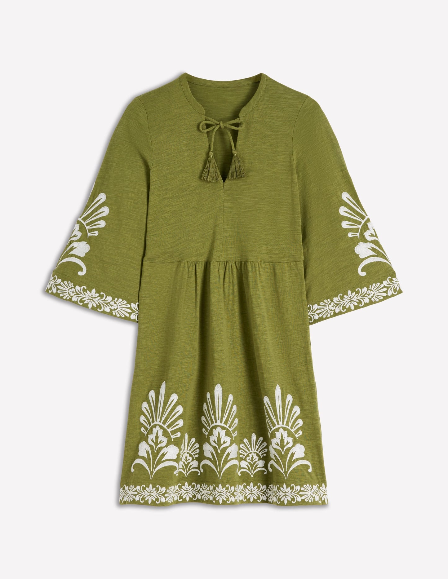 Short Kaftan Jersey Dress-Khaki Embroidered