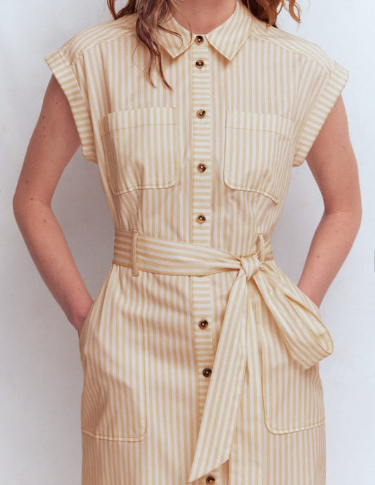 Short Belted Shirt Dress-Brown, Ivory Ticking Stripe