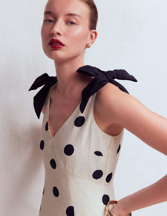 Bow Detail Linen Empire Dress-Ivory Painted Dot Spaced