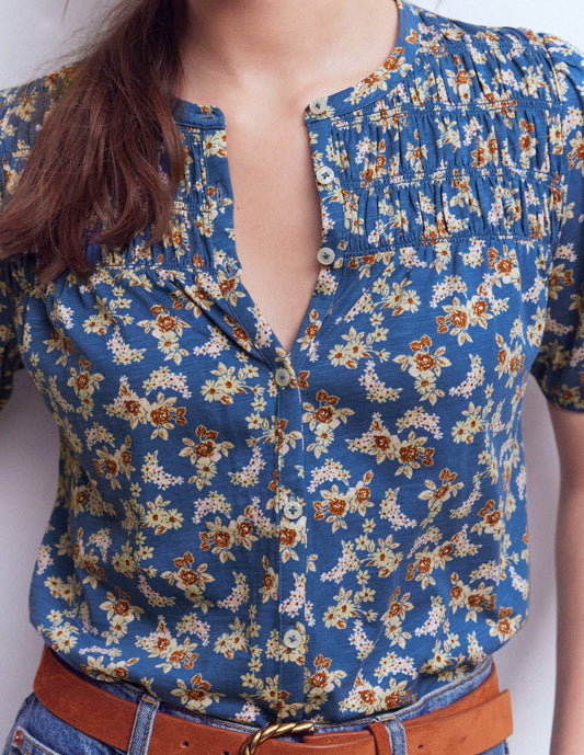 Mya Short Sleeve Smocked Shirt-True Navy, Dainty Blooms