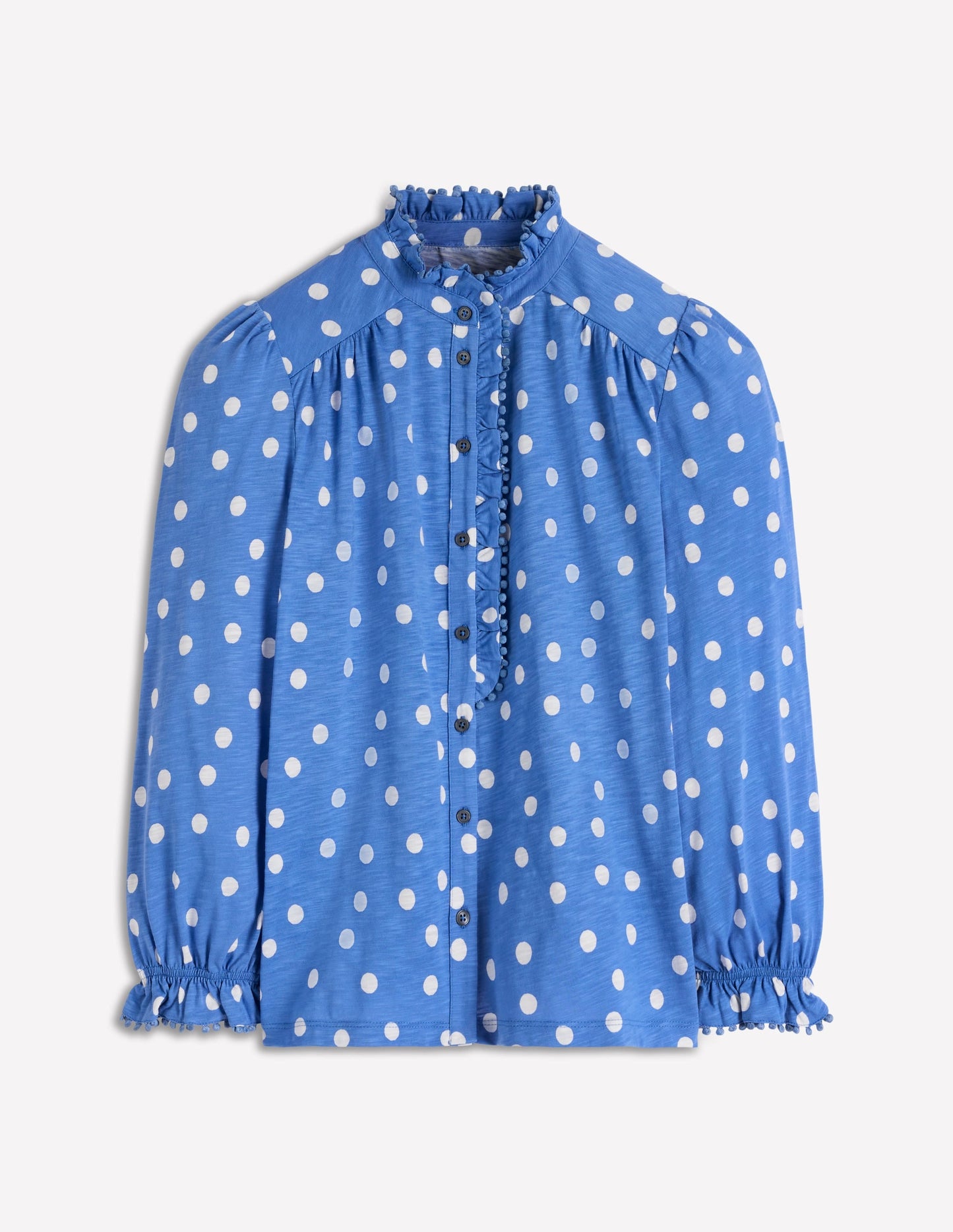 Emily Pom Trim Ruffle Shirt-Regatta, Painted Dot Spaced